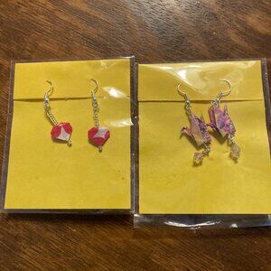 2 Pairs of Origami Earrings (Cranes and Hearts) NWT